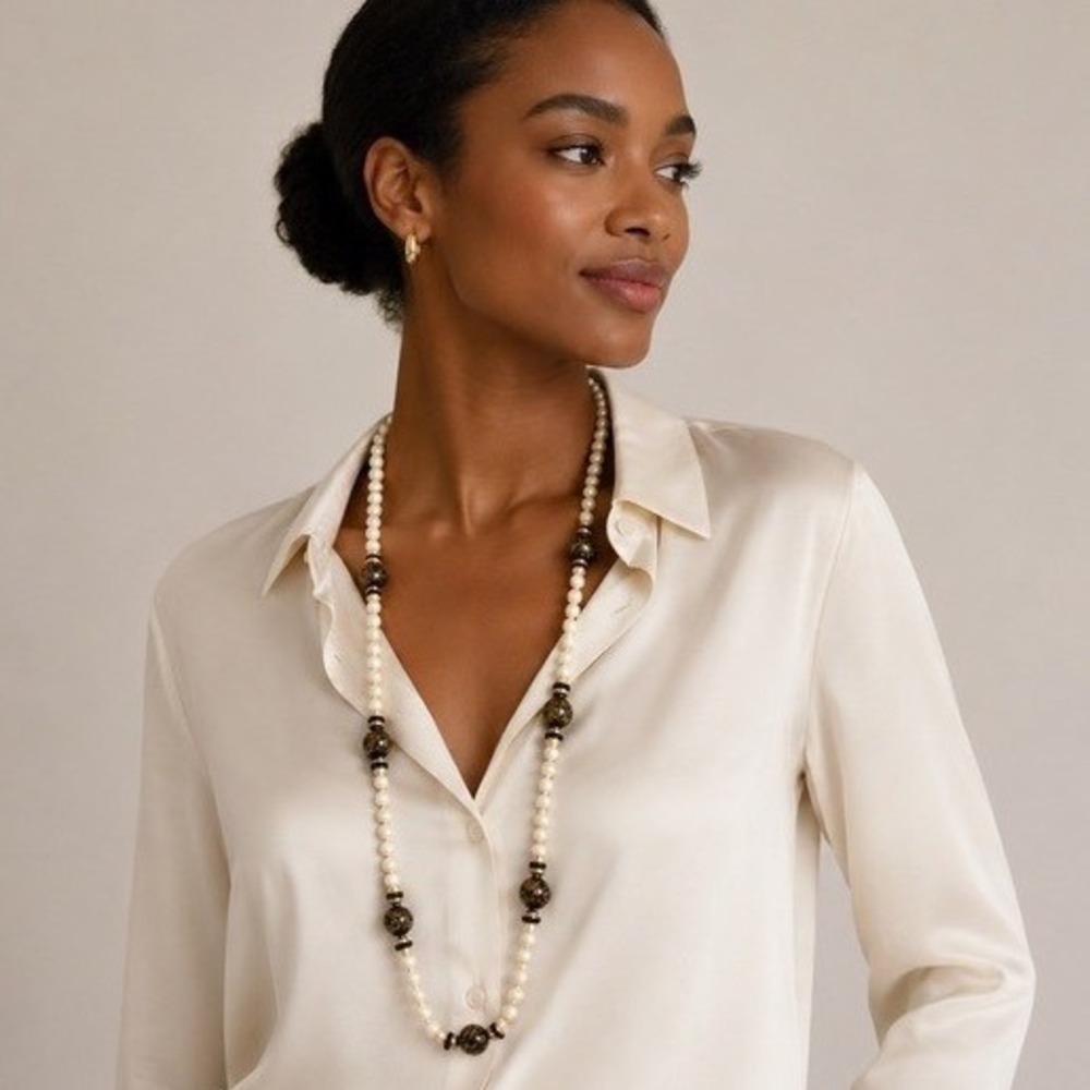 Vintage Japan Faux Pearl Floral Bead Necklace Black Gold Statement‎ Strand